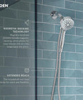 Engage Magnetix Eco Performance Handheld Showerhead with Magnetic Docking System on blue tile wall