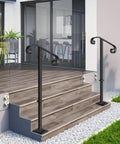 Rock Solid Outdoor Single Post Handrail Wrought Iron Step Railing Black Finish For One Or Two Porch Steps with curved grip.