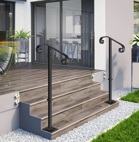 Rock Solid Outdoor Single Post Handrail Wrought Iron Step Railing Black Finish For One Or Two Porch Steps with curved grip.