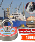 Beast Mode Heavy Duty 400 Lbs Neodymium Fishing Magnet Kit with ship in background, close-up of magnet and steel weight hanging.