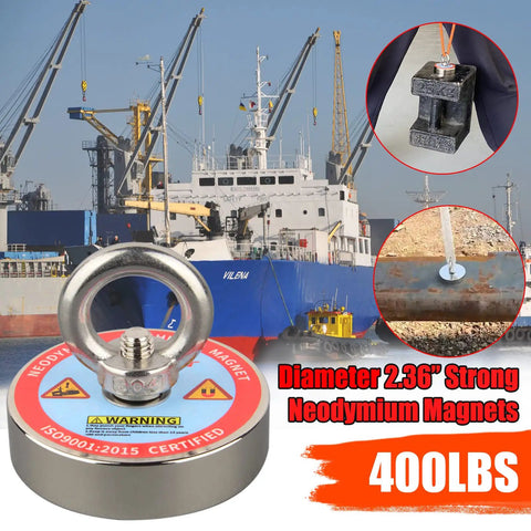Beast Mode Heavy Duty 400 Lbs Neodymium Fishing Magnet Kit with ship in background, close-up of magnet and steel weight hanging.