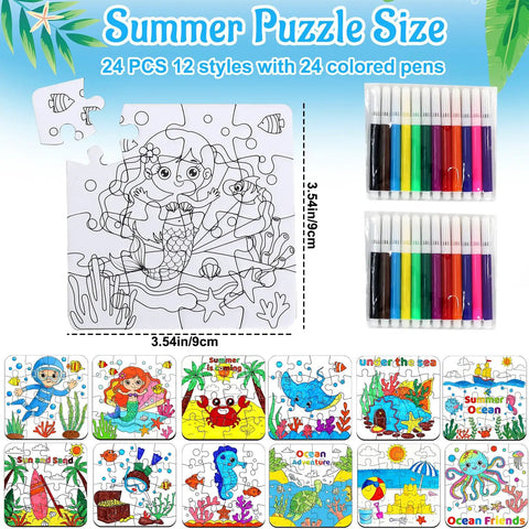 24 Piece Summer Crafts Kit For Kids Ages 4 To 8, Ocean Theme Coloring Puzzles With Mermaid, Fish, Starfish, and Pens Display