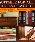 Top Shelf Water Based Wood Stain In Deep Walnut Tone To Refresh Scuffed Furniture And Cabinetry With Nontoxic Low Odor Formula That Protects Every Grain Line For A Dope Matte Look That Truly Delivers shown on various wooden furniture, doors, and outdoor bench.