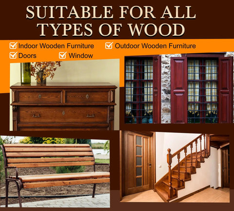 Top Shelf Water Based Wood Stain In Deep Walnut Tone To Refresh Scuffed Furniture And Cabinetry With Nontoxic Low Odor Formula That Protects Every Grain Line For A Dope Matte Look That Truly Delivers shown on various wooden furniture, doors, and outdoor bench.