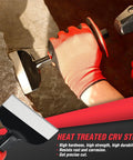 Close-up of Three Piece Masonry Chisel Set With Hand Protection during stone chisel work, showing heat treated CRV steel.