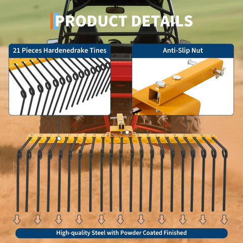 48 Inch Tow Behind Lawn Dethatcher Rake With 20 Spring Steel Tines Lift Handle For ATV Riding Mower And Lawn Tractor Debris Cleanup Pine Straw Leaves Grass Clippings Yard Work