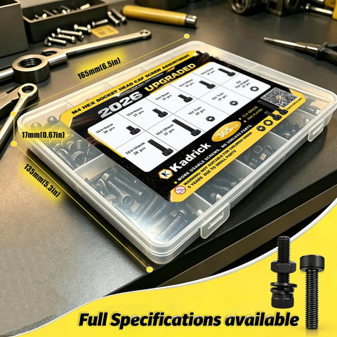 M4 Screws Kit 365 Pieces Socket Head Cap Screws Set With Higher Screw Ratio For Real Use Pro Grade 12.9 Alloy Steel Black Zinc Plated M4 Bolts in box