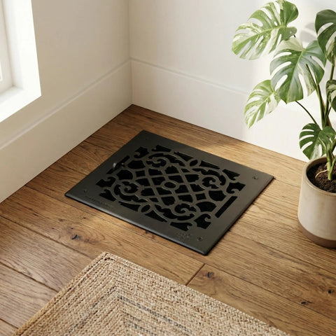 Ornate Victorian Floor Register 10 By 12 Opening Heavy Duty Cast Aluminum Walkable Vent With Adjustable Louver Damper Black.