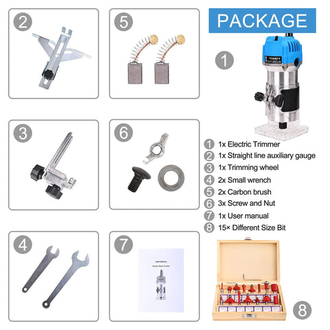 Pro Grade Palm Wood Router Kit With Edge And Roller Guides, 800W 110V Electric Trimmer, 26Pcs Accessories and Bits Display