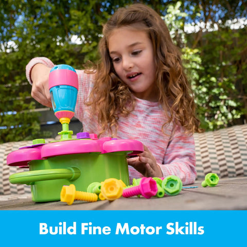 Toddler Design and Drill Flower Power Studio Kit for Hands On STEM Fun with Electric Drill Toy, girl building flower board