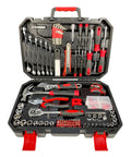 Pro 159-Piece Tool Set With Socket Wrench Kit, Screwdrivers, Pliers, Case, Black And Red, Open View Showing Tools