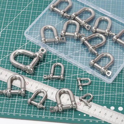 Kickass 304 Stainless Steel D Shape Shackles With Secure Screw Pin 3 8 Inch Heavy Duty Rigging Hardware arrangement with measuring tape.