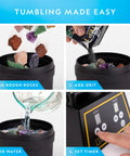 Step-by-step guide for using Pro Rock Tumbler Kit For Adults And Kids with Durable 2 lb Barrel, rocks, grit, and timer controls.