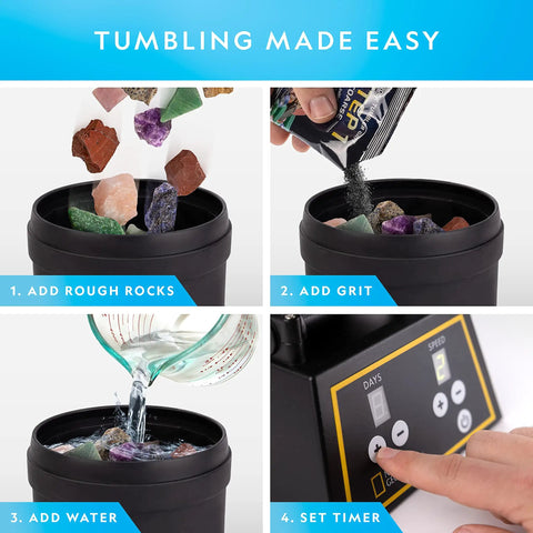 Step-by-step guide for using Pro Rock Tumbler Kit For Adults And Kids with Durable 2 lb Barrel, rocks, grit, and timer controls.