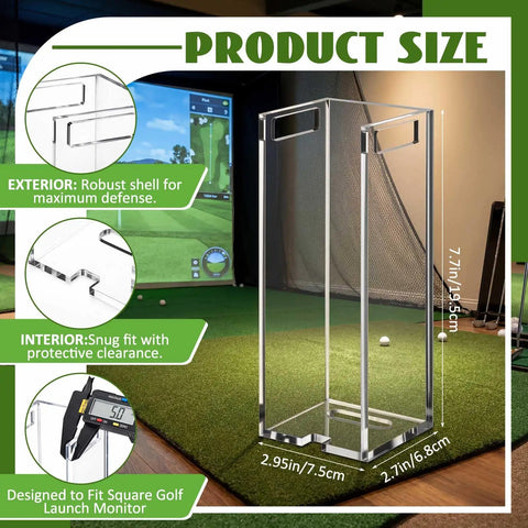 Square Golf Launch Monitor Protective Shield Case in Clear Acrylic, shown indoors with detailed size and design highlights