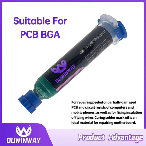 2 Pack UV Curing Solder Mask Ink For PCBs Green Solder Mask BGA Solder Resist Ink With Arcing Prevention, syringe packaging