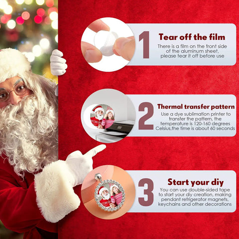 Santa pointing at DIY Sublimation Aluminum Blanks Set instructions with bezel pendant tray and photo examples