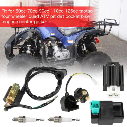 Ignition Coil Starter Solenoid Voltage Regulator CDI Kit For Chinese ATV Quad Dirt Bike Go Kart 4 Stroke Engines 90cc 110cc 125cc Fits Tao Tao Coolster Kazuma Lifan SSR Roketa Baja And Dirt Bike Parts, displayed with a blue ATV and components.