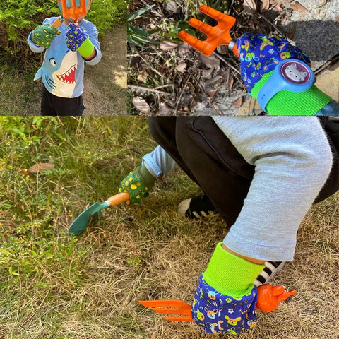 Child using Durable Metal Kids Gardening Tools Set With Safe PE Handles, wearing colorful gloves, with fork and trowel in hand.
