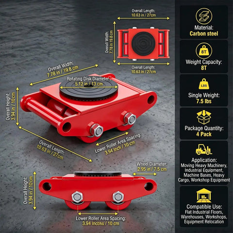 Heavy Duty 4PCS Machine Skates For Big Rig Moves, carbon steel dolly wheels, 8 ton capacity, with 360 degree swivel casters.