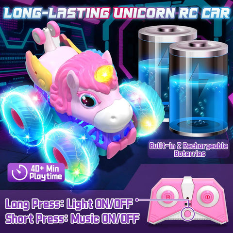 Unicorn Themed RC Car For Girls With 360 Degree Rotating Stunt Action, 4x4 All Terrain Monster Truck With LED Lights And Built In Music