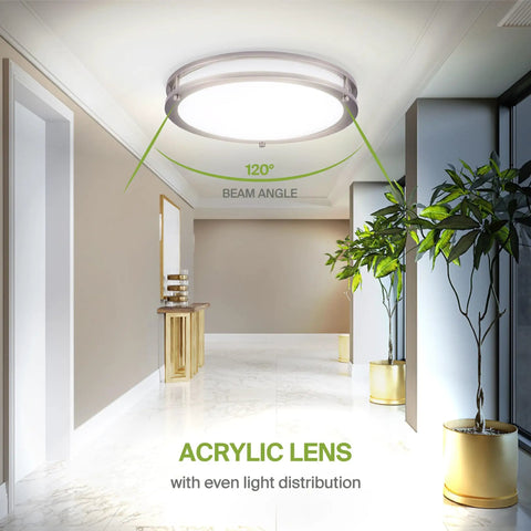 Lit 14 Inch Round Flush Mount Ceiling Light Fixture With 3CCT Dimmable LEDs in hallway, showing light beam angle and acrylic lens