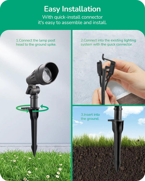 Installation guide for Low Voltage LED Landscape Lights 4 Pack, 3.2W 240LM, 3000K Warm White, showing connection and ground insertion