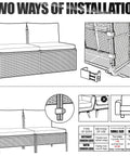 Diagram showing two installation methods for Tough As Nails Heavy Duty Outdoor Furniture Clips For Wicker Patio Sets.