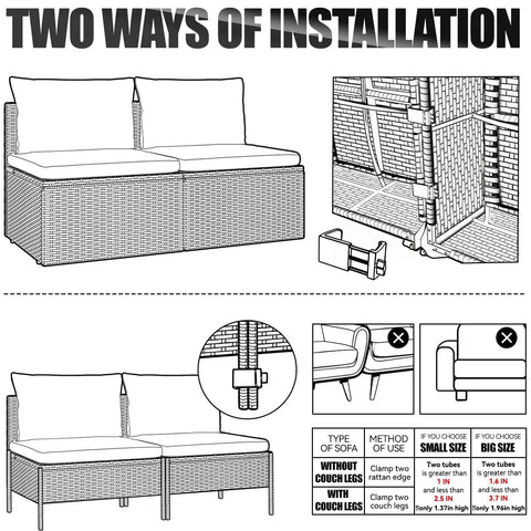 Diagram showing two installation methods for Tough As Nails Heavy Duty Outdoor Furniture Clips For Wicker Patio Sets.