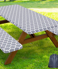 Waterproof Elastic Fitted Picnic Table Cover And Bench Covers Set For 72 Inch Tables And 12 Inch Benches, Washable Polyester, grey design.