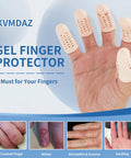 Gel Finger Cots Sixteen Piece Set Silicone Finger Protectors shown on hand with detailed texture for finger relief.