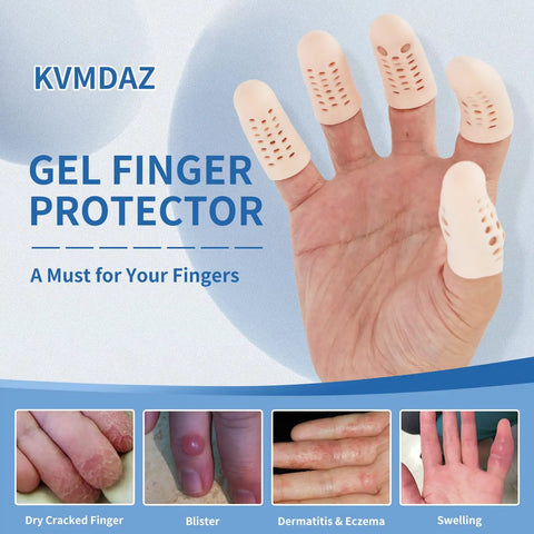 Gel Finger Cots Sixteen Piece Set Silicone Finger Protectors shown on hand with detailed texture for finger relief.