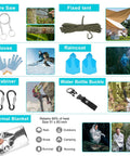 Components of the Survival Gear Pro Kit With 70L Large Camping Backpack And 38 Piece First Aid Survival Set in Camo, including wire saw.
