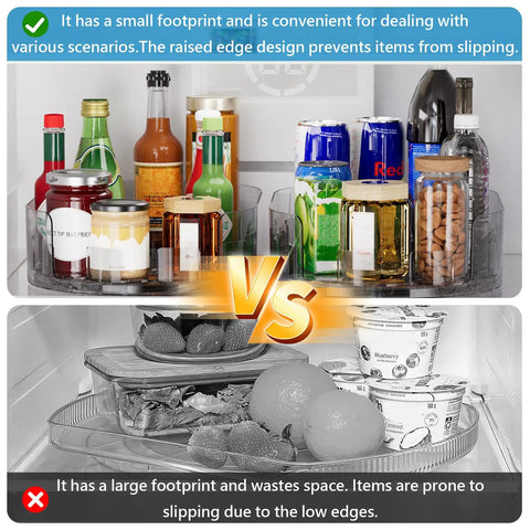 Fridge Spice Lazy Susan Organizer With 360 Degree Rotation for neat condiment storage vs. messy fridge shelf with sliding items.