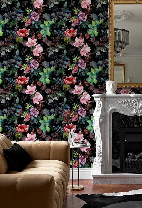Living room with Floral Peel And Stick Wallpaper Black Green Pink Botanical Design Repositionable on feature wall