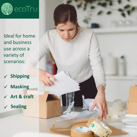 Woman packing box with Ultra Strong Kraft Paper Packing Tape For Boxes And Cartons, Beast Mode Sealing For Shipping And Moving.