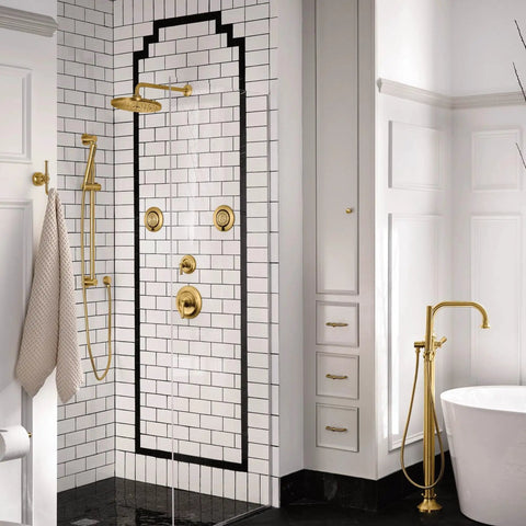 Brushed Gold Round Drop Ell Handheld Shower Wall Connector For One Half Inch IPS installed in modern bathroom with black and white tiles