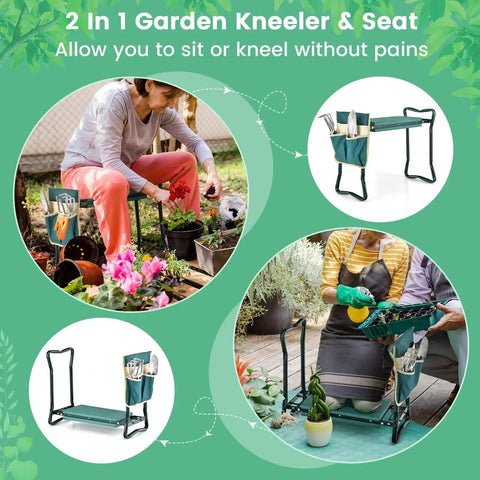 2 in 1 Garden Kneeler Bench With Tools Pouch Foldable Garden Seat Stool Kneeling Pad for Patio, Yard, Lawn