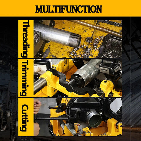 Beefed Up Electric Pipe Threader Machine With One Half To Two Inch NPT And BSPT Dies in action threading and cutting pipes.