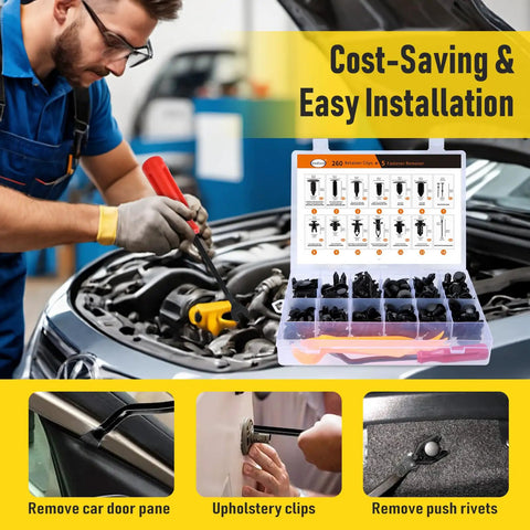 Mechanic using 260 Piece Car Bumper Retainer Clips Kit With Plastic Rivets And Push Fasteners, 12 Popular Sizes for Repairs