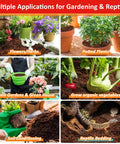 Multiple gardening and reptile applications including flowers, potted plants, soil conditioning, and reptile bedding.