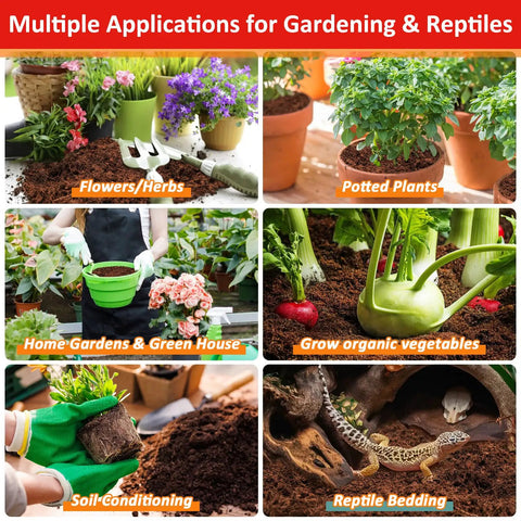 Multiple gardening and reptile applications including flowers, potted plants, soil conditioning, and reptile bedding.