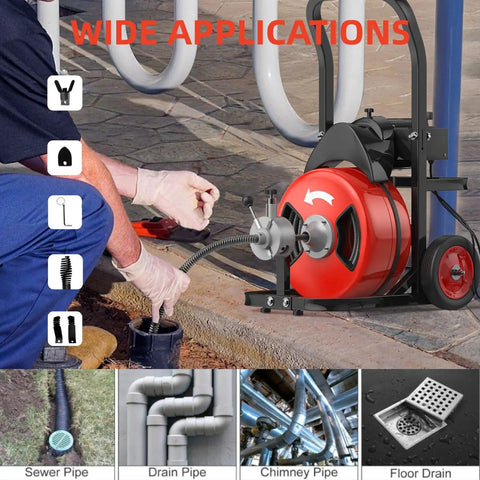 100 Foot Auto Feed Drain Snake With Three Quarter Inch Electric Drain Auger for residential plumbing jobs and sewer cleaning.
