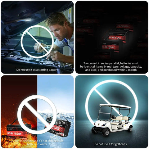 Warnings and precautions for 12V 150Ah LiFePO4 Deep Cycle Battery for Solar RV Marine Camping and Off Grid Use with 100A BMS