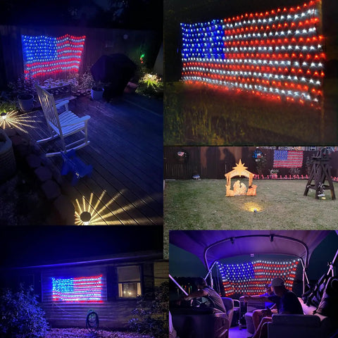 Patriotic LED Flag Net Lights For Outdoor Decor 6.5ft By 3.2ft Waterproof American Flag String Lights in garden and yard settings
