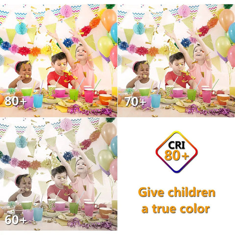Children at a colorful party table with CRI 80+ lighting showing Three Way LED A19 Light Bulbs With 30W 70W 100W Equivalents Crisp Daylight