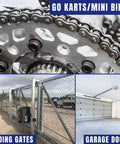 Collage featuring industrial-grade roller chain on sprocket, sliding gate with chain, and garage door using 40H Heavy Duty Roller Chain With One Connecting Link.