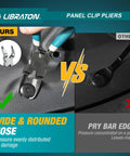 Non Destructive Panel Clip Pliers For No Fuss Clip Removal With Widened Jaw Diagonal Cutting Tool That Prevents Dents Or Scratches Reusable Auto Interior Clip Removal Pliers shown removing a car panel clip