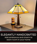 Vintage Tiffany Style Table Lamp With Geometric Mission Shade, White And Brown Stained Glass Nightstand Light, 23 Inch Tall