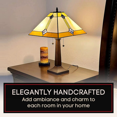 Vintage Tiffany Style Table Lamp With Geometric Mission Shade, White And Brown Stained Glass Nightstand Light, 23 Inch Tall